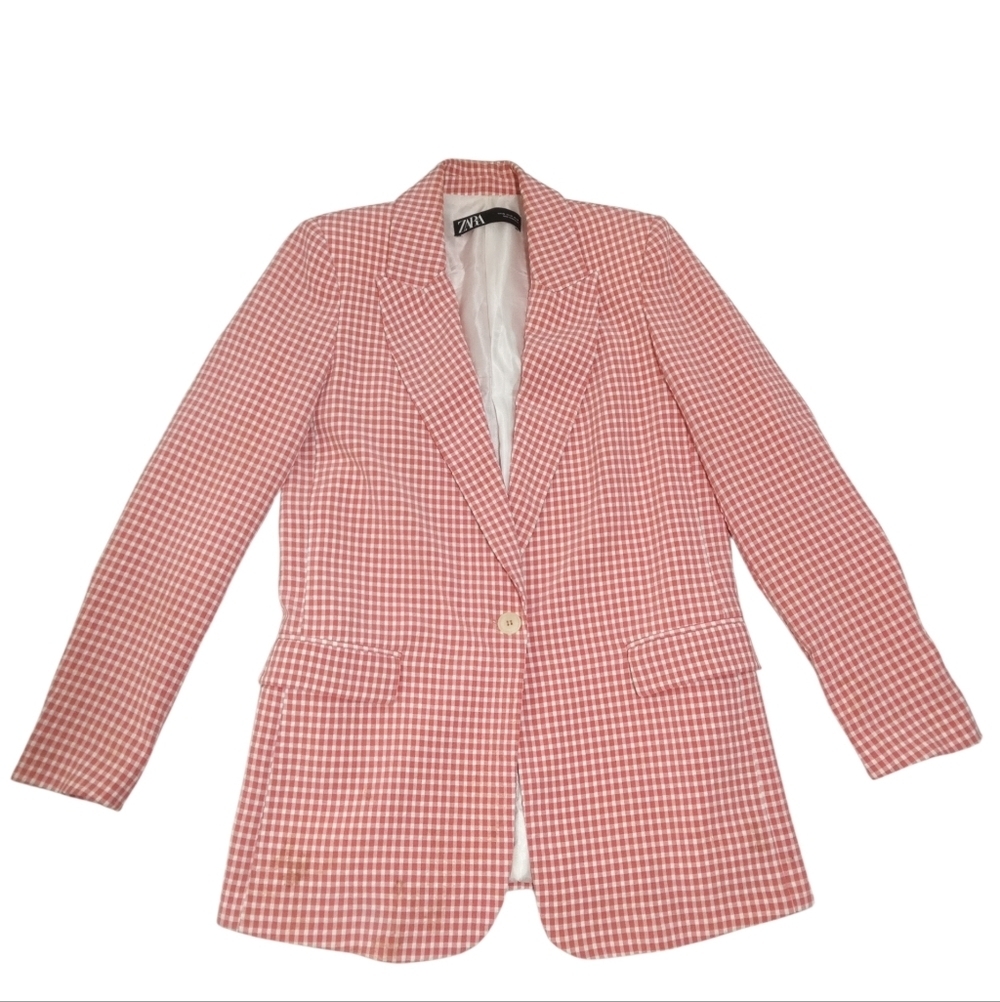 ZARA Pink White Gingham Seersucker Blazer XS Pants S Set Lightweight Summer Suit - Picture 10 of 14